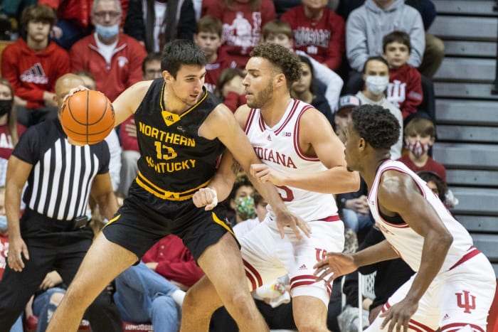 Northern Kentucky forward David Bohm (13) dribbles the ball while Indian forward Race Thompson (25) defends (Trevor Ruszkowski-USA TODAY Sports)